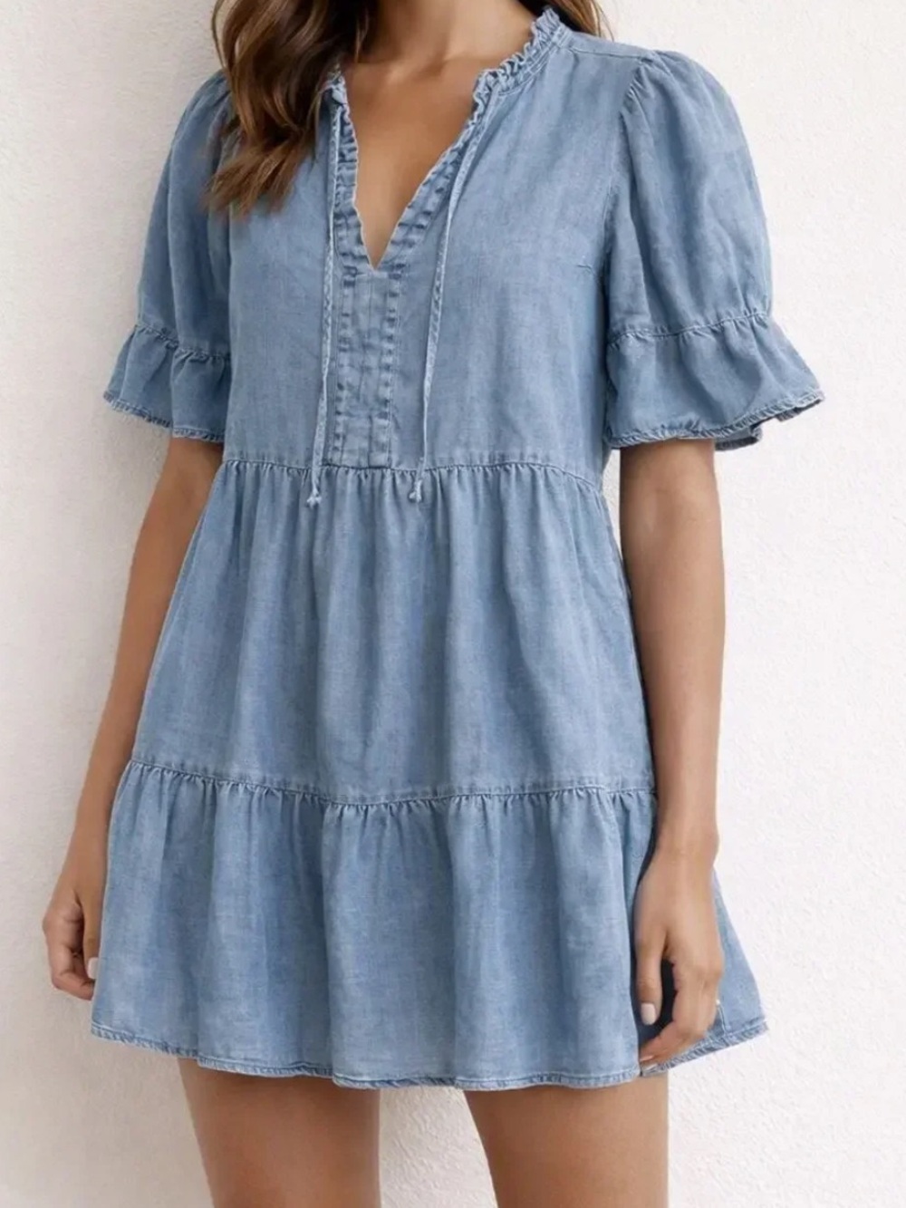 LOFT Light Blue Tiered Chambray Mini Dress